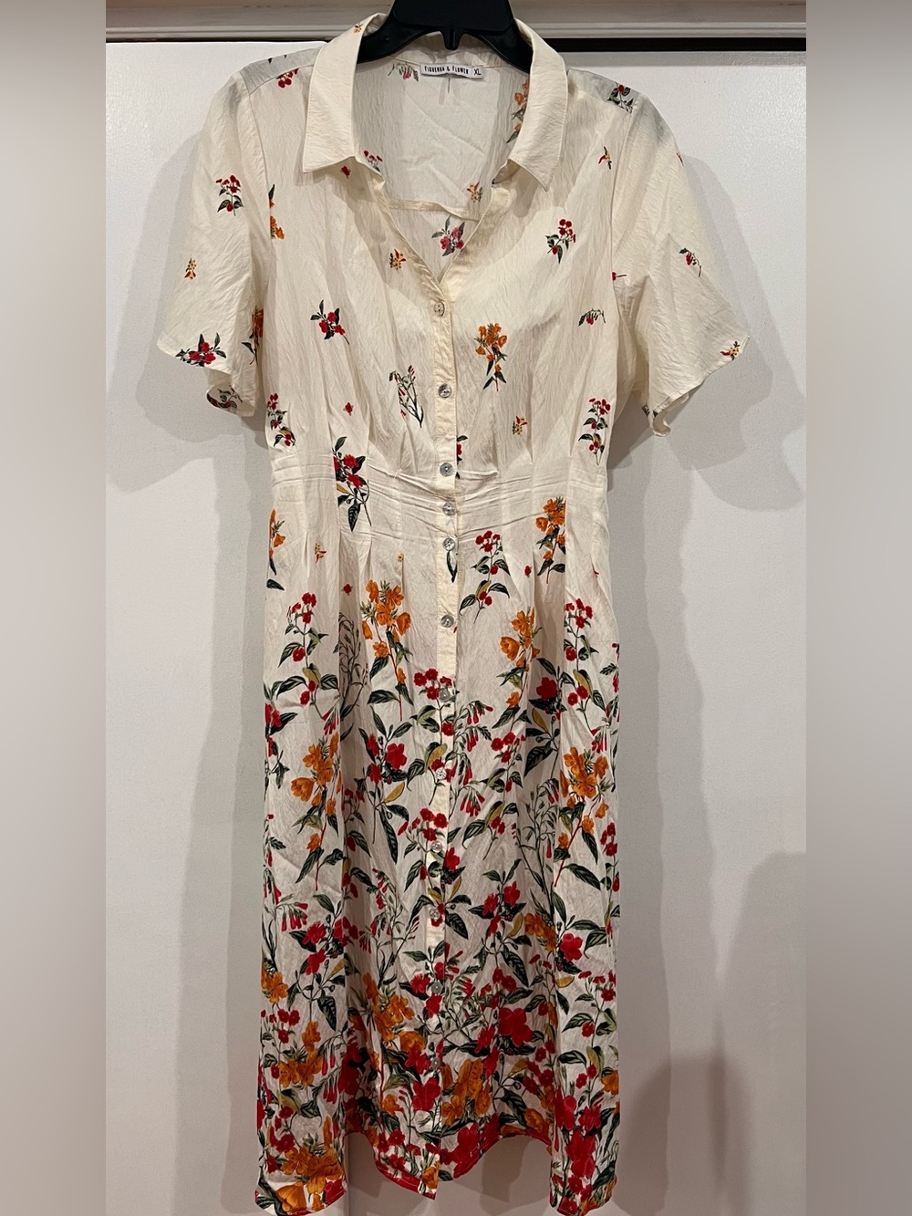 Summer Floral Button-Front Cream Midi Dress with Red & Orange Blooms